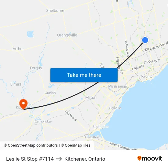 Leslie St Stop #7114 to Kitchener, Ontario map