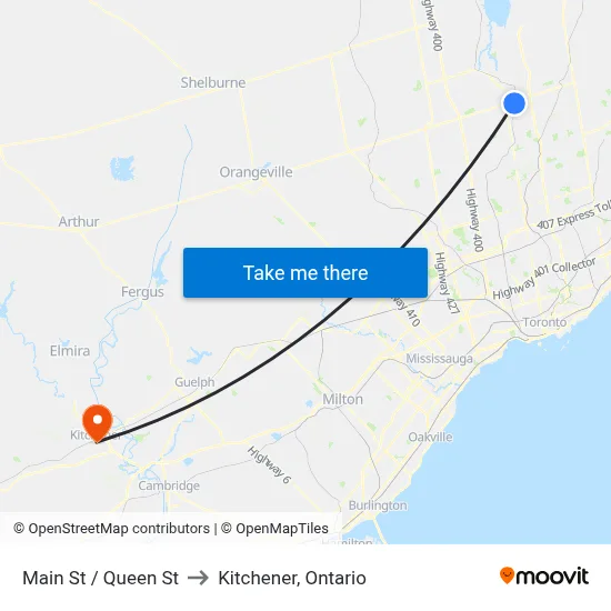 Main St / Queen St to Kitchener, Ontario map