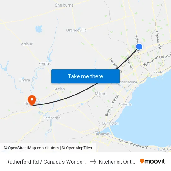 Rutherford Rd / Canada's Wonderland to Kitchener, Ontario map