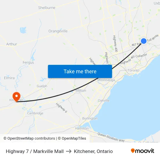 Highway 7 / Markville Mall to Kitchener, Ontario map