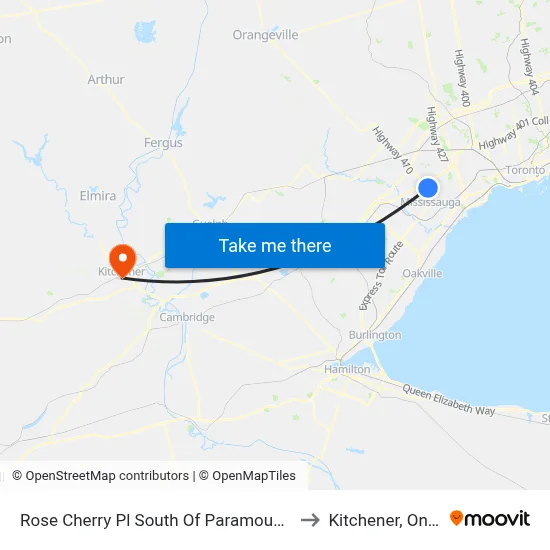 Rose Cherry Pl South Of Paramount Centre to Kitchener, Ontario map