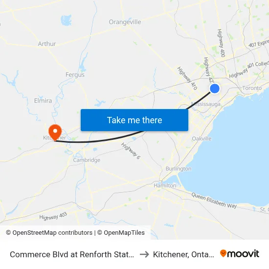 Commerce Blvd at Renforth Station to Kitchener, Ontario map