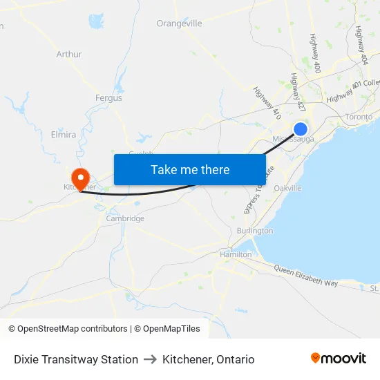 Dixie Transitway Station to Kitchener, Ontario map