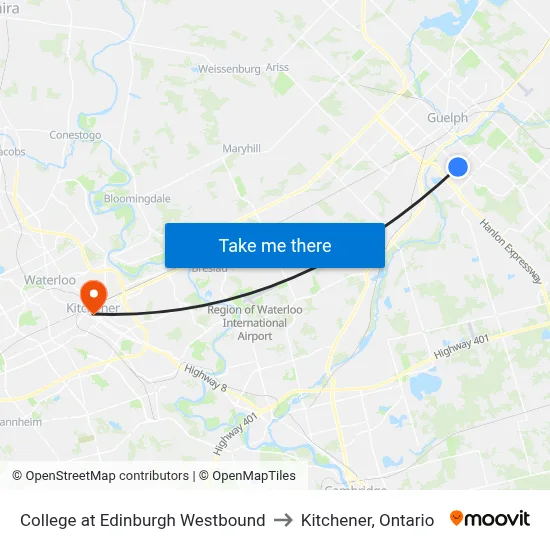 College at Edinburgh Westbound to Kitchener, Ontario map