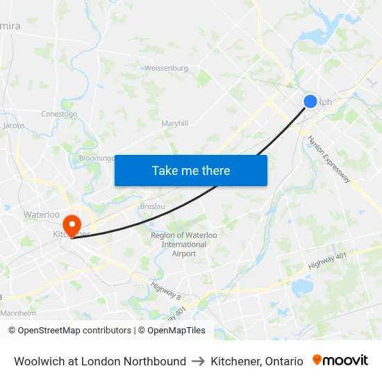Woolwich at London Northbound to Kitchener, Ontario map