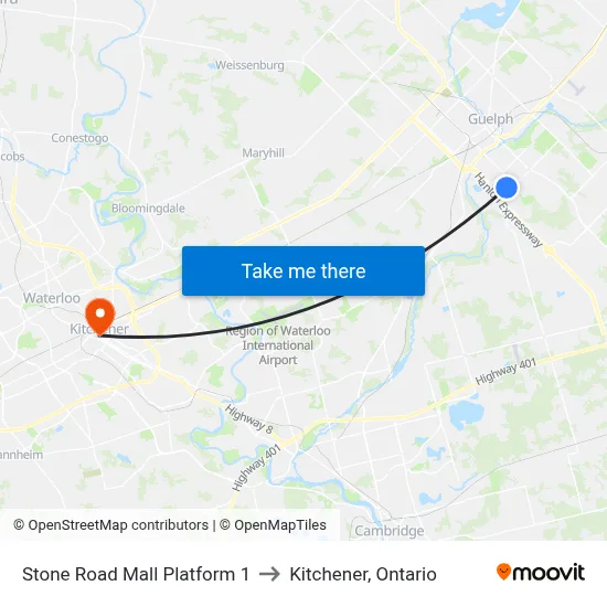 Stone Road Mall Platform 1 to Kitchener, Ontario map