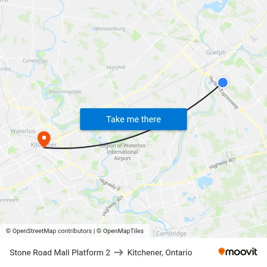 Stone Road Mall Platform 2 to Kitchener, Ontario map