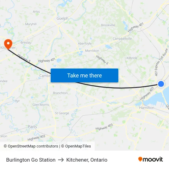 Burlington Go Station to Kitchener, Ontario map