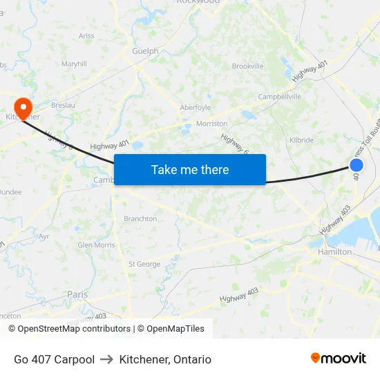 Go 407 Carpool to Kitchener, Ontario map
