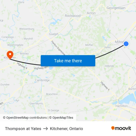 Thompson at Yates to Kitchener, Ontario map