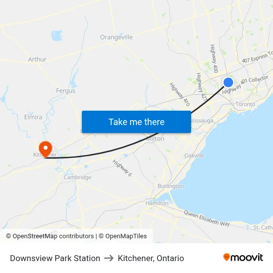 Downsview Park Station to Kitchener, Ontario map