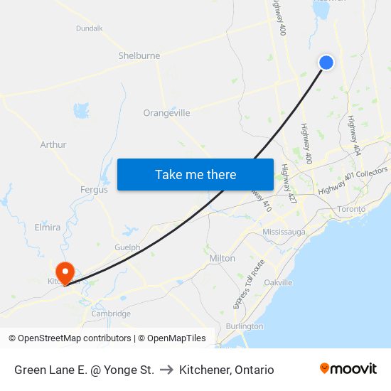 Green Lane E. @ Yonge St. to Kitchener, Ontario map