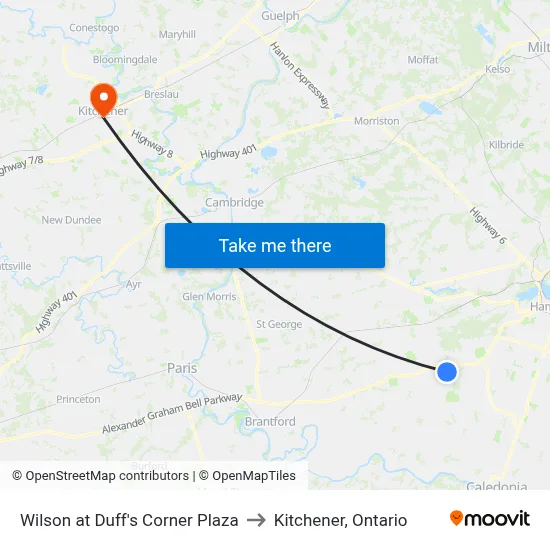 Wilson at Duff's Corner Plaza to Kitchener, Ontario map