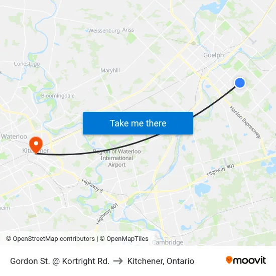 Gordon St. @ Kortright Rd. to Kitchener, Ontario map