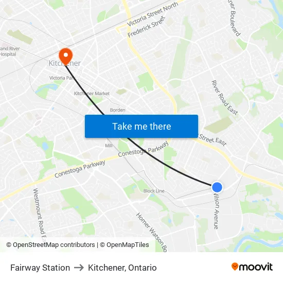 Fairway Station to Kitchener, Ontario map