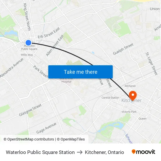 Waterloo Public Square Station to Kitchener, Ontario map