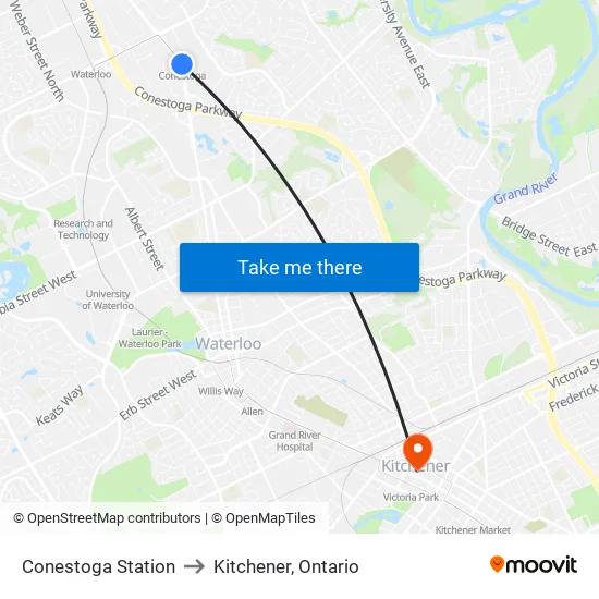 Conestoga Station to Kitchener, Ontario map