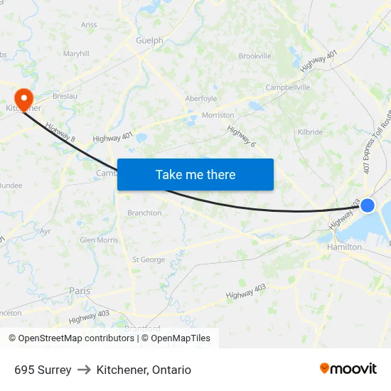 695 Surrey to Kitchener, Ontario map