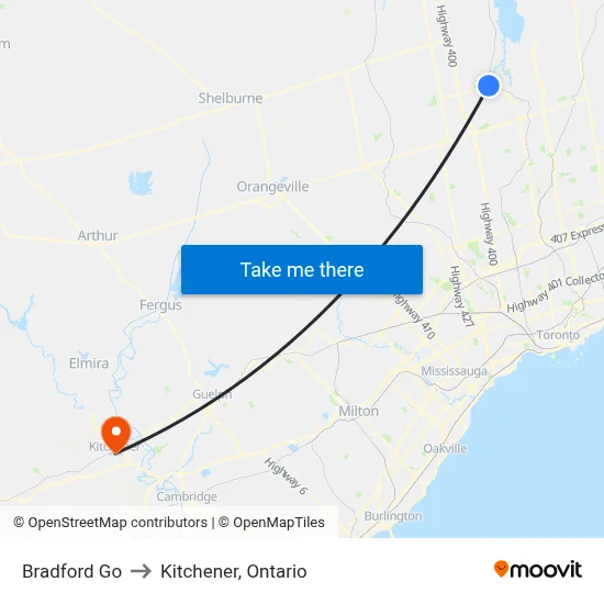 Bradford Go to Kitchener, Ontario map
