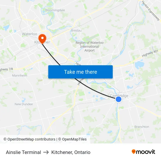 Ainslie Terminal to Kitchener, Ontario map