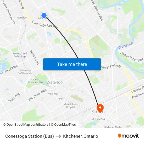 Conestoga Station (Bus) to Kitchener, Ontario map