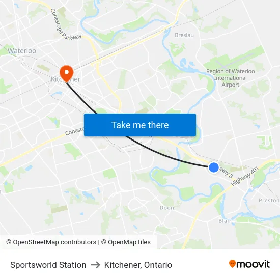 Sportsworld Station to Kitchener, Ontario map
