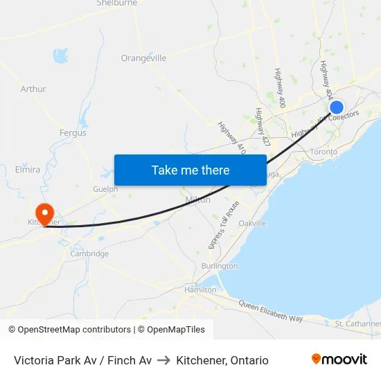 Victoria Park Av / Finch Av to Kitchener, Ontario map