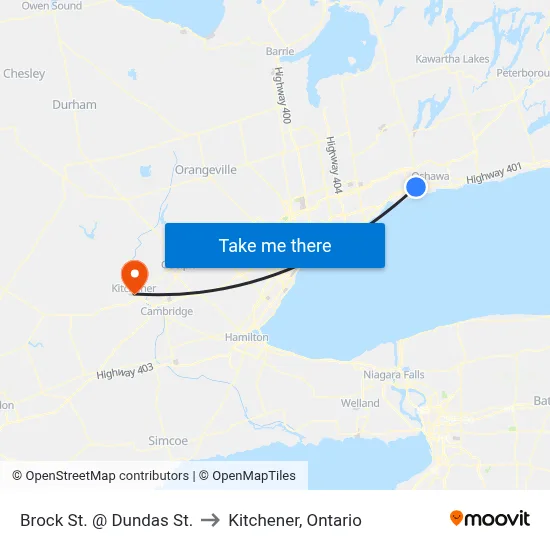 Brock St. @ Dundas St. to Kitchener, Ontario map