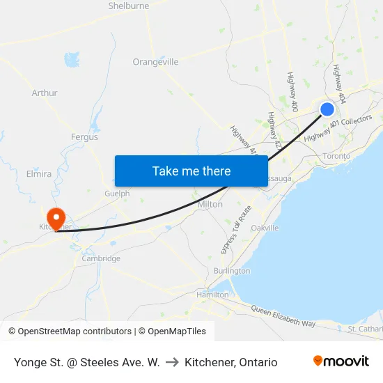 Yonge St. @ Steeles Ave. W. to Kitchener, Ontario map