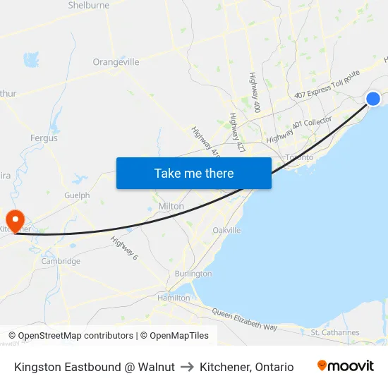 Kingston Eastbound @ Walnut to Kitchener, Ontario map