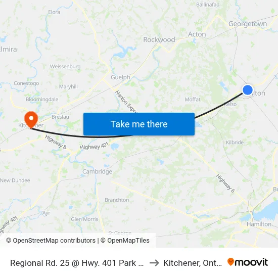 Regional Rd. 25 @ Hwy. 401 Park & Ride to Kitchener, Ontario map