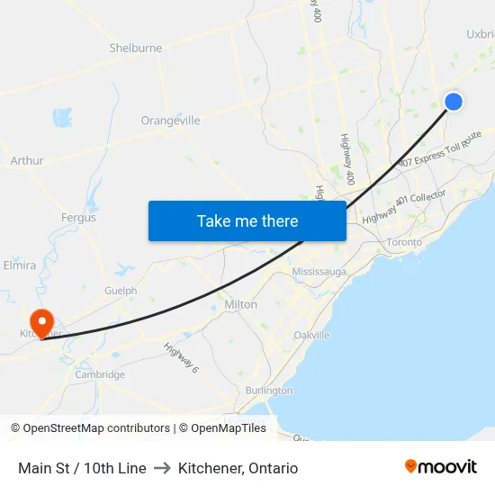 Main St / 10th Line to Kitchener, Ontario map