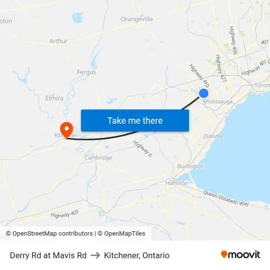 Derry Rd at Mavis Rd to Kitchener, Ontario map