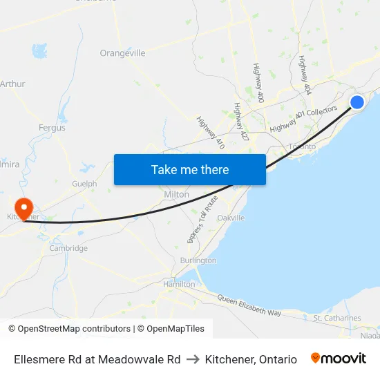 Ellesmere Rd at Meadowvale Rd to Kitchener, Ontario map