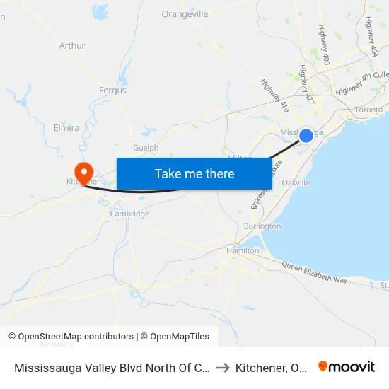 Mississauga Valley Blvd North Of Central Pky to Kitchener, Ontario map