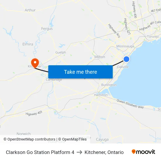 Clarkson Go Station Platform 4 to Kitchener, Ontario map