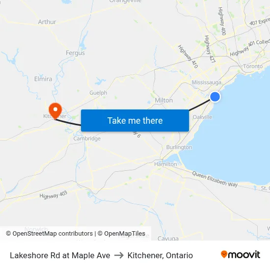 Lakeshore Rd at Maple Ave to Kitchener, Ontario map