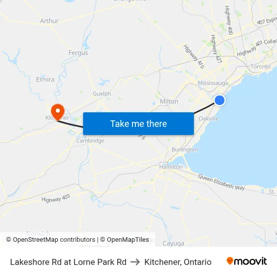 Lakeshore Rd at Lorne Park Rd to Kitchener, Ontario map