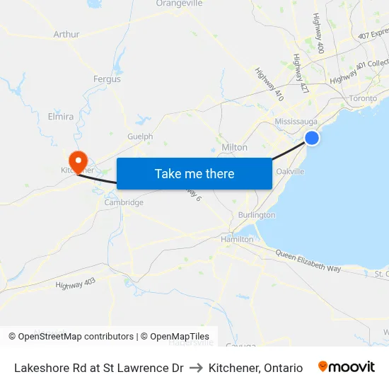 Lakeshore Rd at St Lawrence Dr to Kitchener, Ontario map