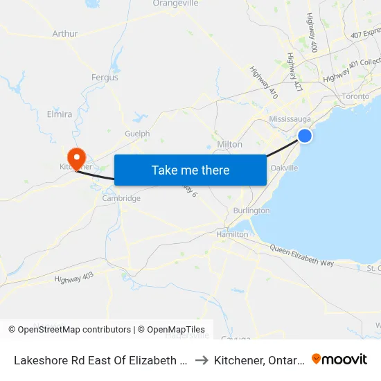 Lakeshore Rd East Of Elizabeth St to Kitchener, Ontario map
