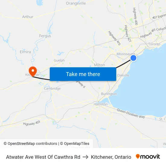 Atwater Ave West Of Cawthra Rd to Kitchener, Ontario map