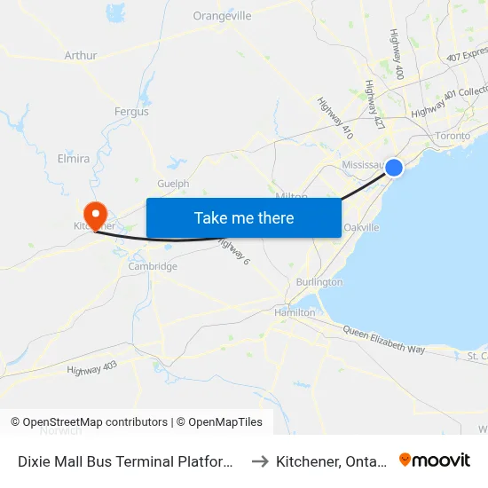 Dixie Mall Bus Terminal Platform B to Kitchener, Ontario map