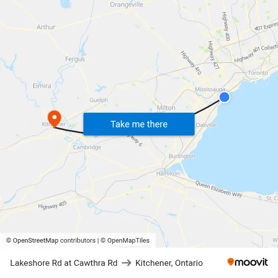 Lakeshore Rd at Cawthra Rd to Kitchener, Ontario map