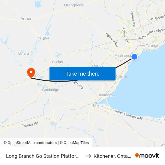 Long Branch Go Station Platform A to Kitchener, Ontario map