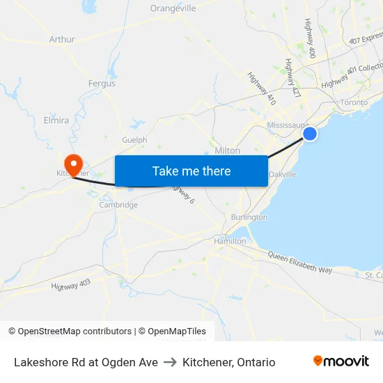 Lakeshore Rd at Ogden Ave to Kitchener, Ontario map
