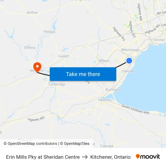 Erin Mills Pky at Sheridan Centre to Kitchener, Ontario map