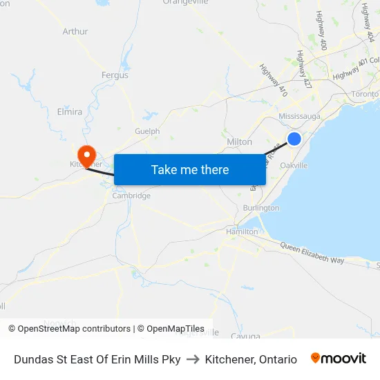 Dundas St East Of Erin Mills Pky to Kitchener, Ontario map
