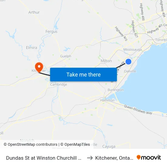 Dundas St at Winston Churchill Blvd to Kitchener, Ontario map