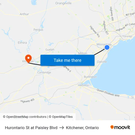 Hurontario St at Paisley Blvd to Kitchener, Ontario map