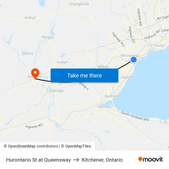 Hurontario St at Queensway to Kitchener, Ontario map